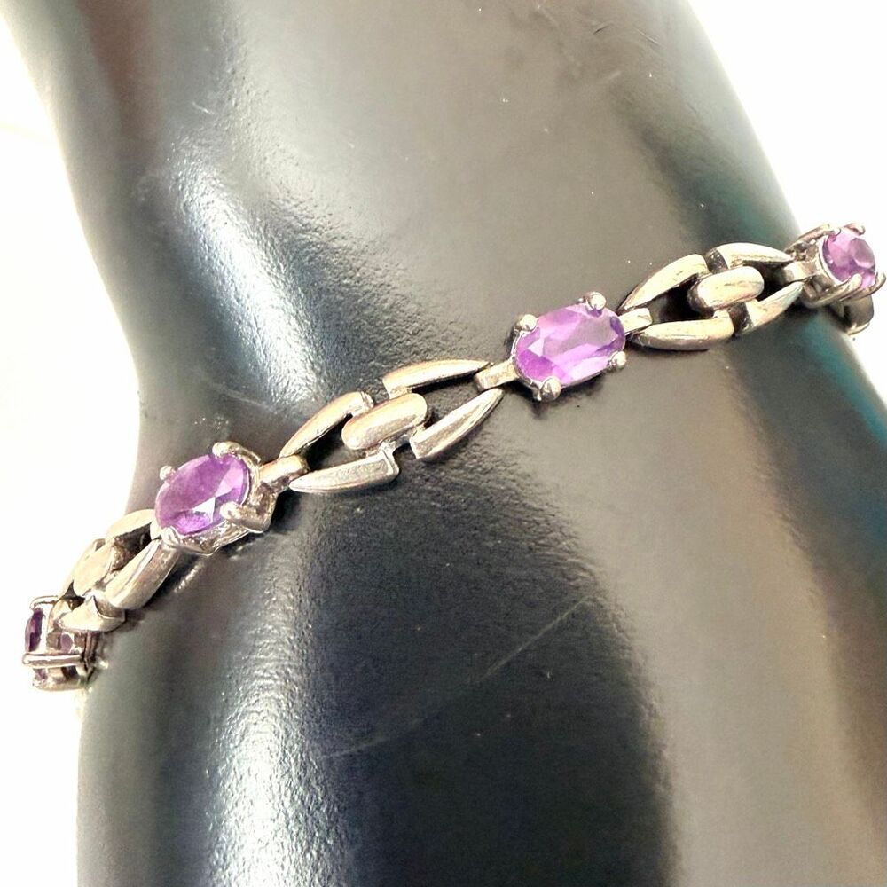 ADI 925 Sterling Silver Purple Amethyst  Oval Stone Link Bracelet Thailand